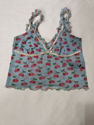Blue Cherry Print Ruffle Tank Top