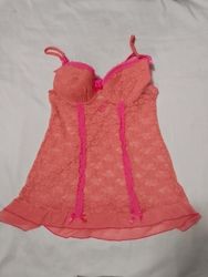 Coral Lace Babydoll with Pink Trim and Bows