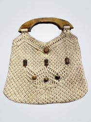 Beige macrame handbag with wooden handles