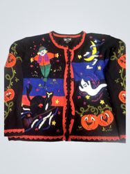 Black Halloween Sweater with Pumpkins, Scarecrow, ..