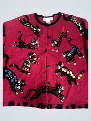 Susan Bristol Red Cat Knit Cardigan
