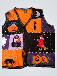 Halloween Sweater Vest with Witch, Pumpkin, Cat, G..