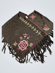 Brown Poncho with Floral Embroidery and Fringe