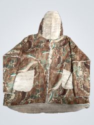 Brown patterned hooded jacket with faux fur lining