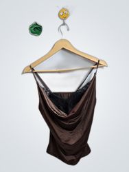 Brown Satin Cami with Lace Trim