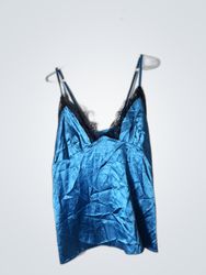 Blue Satin Cami with Lace Trim
