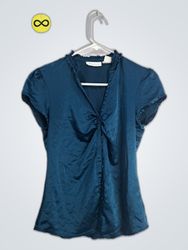 Navy Satin Ruffle Blouse