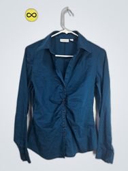 Navy Blue Long Sleeve Button-Down Blouse