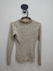 Once Again Beige Sequined Turtleneck Knit Top
