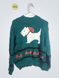 Green Knit Sweater with White Dog Design