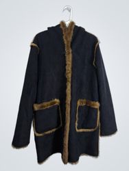 Dennis Basso Black Faux Suede Fur Trim Hooded Coat