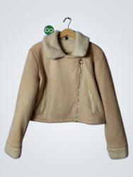Beige Faux Suede Sherpa Lined Jacket