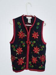 White Stag Women's Black Poinsettia Christmas Vest