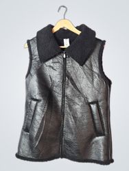 Black Sleeveless Faux Leather Vest with Shearling ..