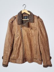 Men's Brown Faux Leather Aviator Jacket with Shear..