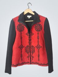 Coldwater Creek Women's Red Black Embroidered Zip-..