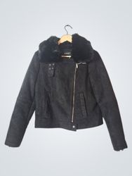 DKNY Black Faux Suede Fur Collar Moto Jacket