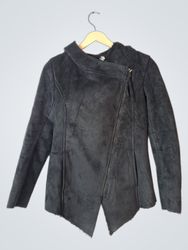 Black Faux Suede Asymmetrical Zip Jacket with Hood