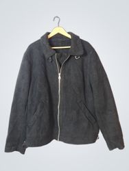 Black Faux Suede Aviator Jacket with Shearling Col..