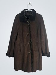 Jones New York Brown Faux Suede Fur Trim Coat