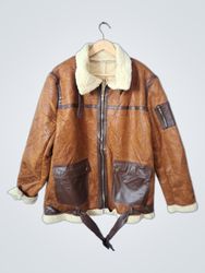 Brown Faux Leather Sherpa Lined Aviator Jacket