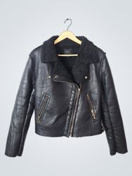 Black Faux Leather Biker Jacket with Sherpa Collar