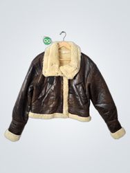 Brown Faux Leather Sherpa Lined Bomber Jacket