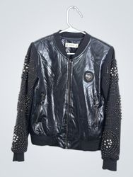 Black Bomber Jacket with Studded Sleeves