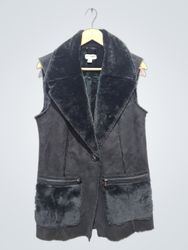 Susan Graver Black Faux Fur Trimmed Suede Vest