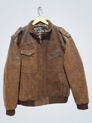 FLAVOR Brown Leather Bomber Jacket