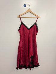 Red Slip Dress with Black Lace Trim