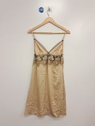 gold slip dress with lace trim