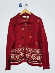 Croft & Barrow Red Snowflake Pattern Zip-Up Cardig..