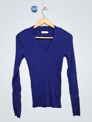 Nine West Blue Ribbed V-Neck Long Sleeve Sweater
