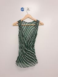 Green Striped Sleeveless Wrap Top