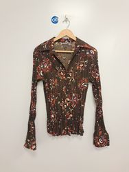 Apt 9 Brown Floral Print Pleated Long Sleeve Shirt