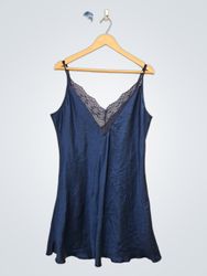 Blue satin slip dress with lace trim