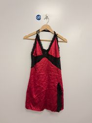 Red and black lace trim slip dress