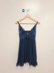 Navy Blue Lace Trim Babydoll Chemise