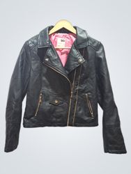 SO Black Faux Leather Biker Jacket with Pink Linin..