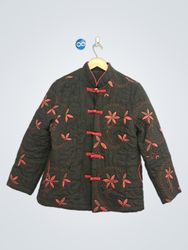 Black Quilted Jacket with Red Embroidery