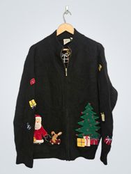 Black Christmas Sweater with Santa, Tree, and Gift..