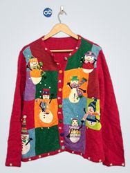 Roter Weihnachtsschneemann-Patchwork-Cardigan
