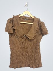 MODERN WORKS Brown Textured Collared Puff Sleeve T..