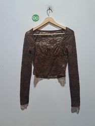 Brown Lace Long Sleeve Crop Top