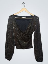 Alex & Sophia Black Sparkle Long Sleeve Wrap Top