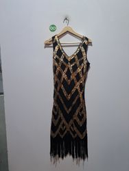 Black and Gold Sequin Flapper Dress with Fringe