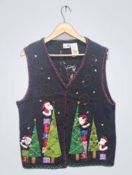 Black Christmas Vest with Santa and Trees
