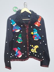 Karen Scott Black Snowman Applique Cardigan