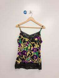 Black Floral Print Cami Top with Lace Trim